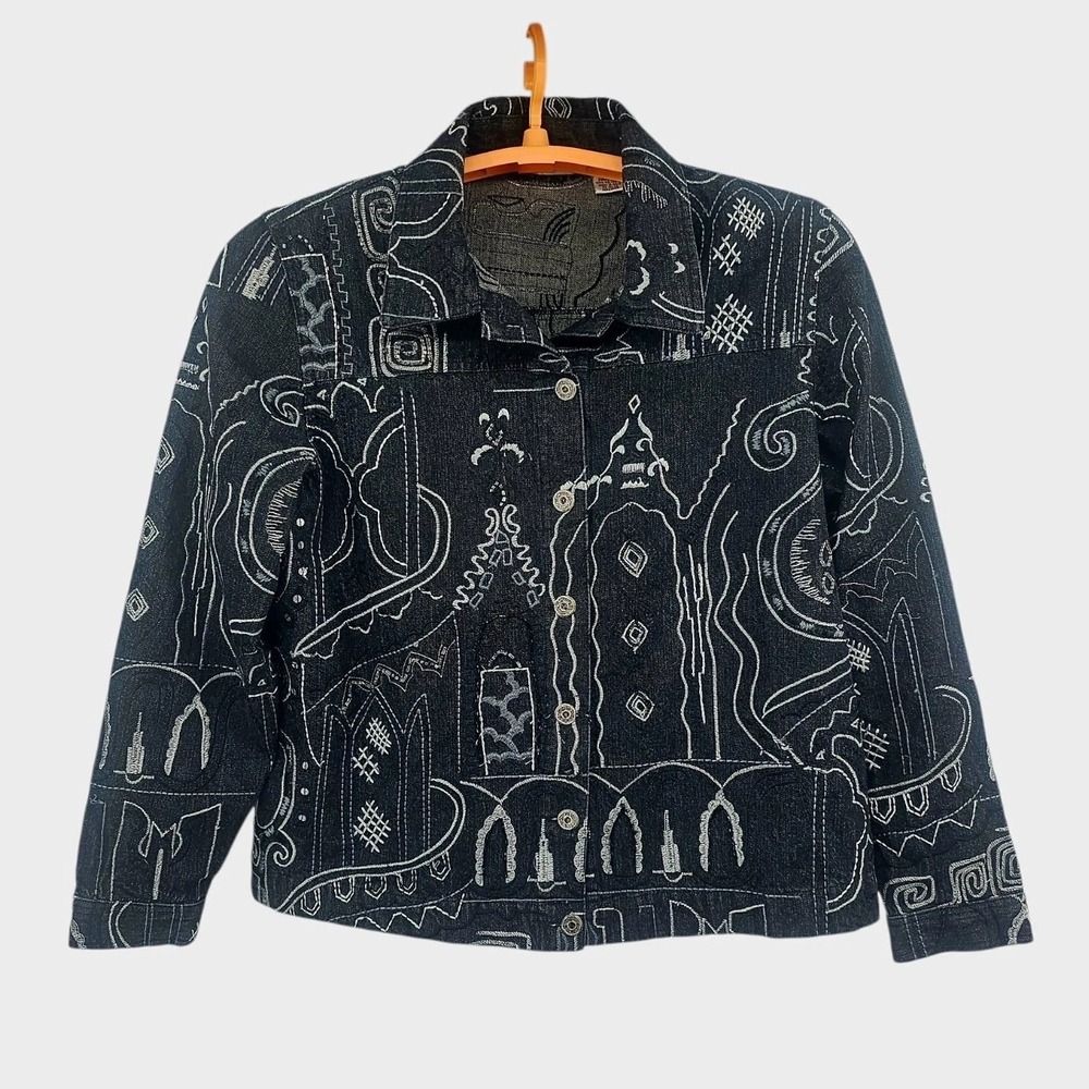 Vtg Y2K Laura Ashley Denim Boho Embroidered Sequence Button Up Jacket Large